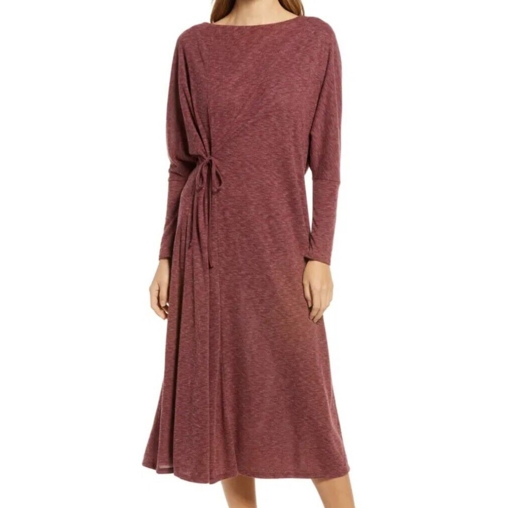 New Caslon Soft Knit Long Sleeve Side Tie Midi Dress Red Heather Size Medium